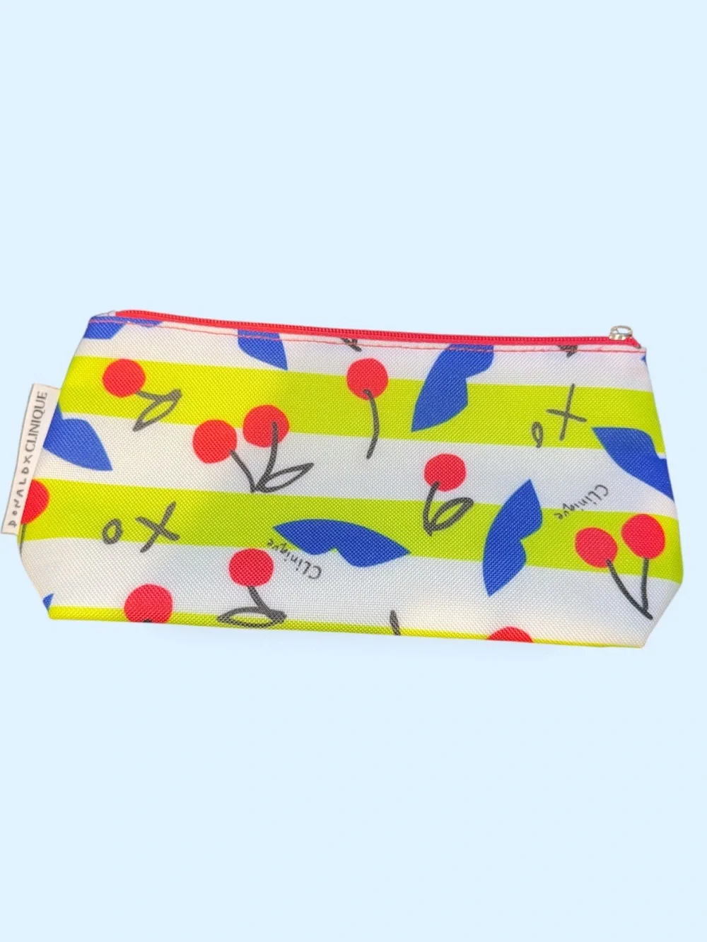 Clinique  Neon Yellow Stripe Cherry Pouch with Red and Blue Accents